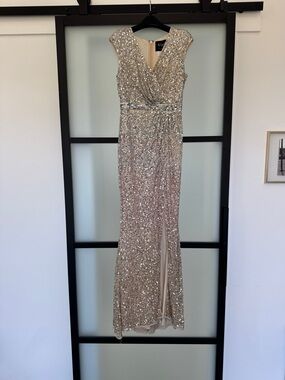 Mac Duggal Sequined V-Neck Evening Gown - Champagne